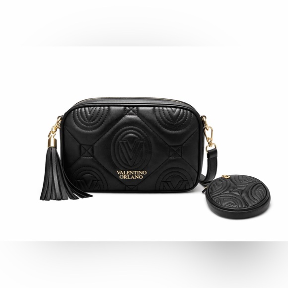 Valentino Orlandi Handbags - Valentino Orlandi Quilted Black Crossbody Bag with Gold Accents, free wallet